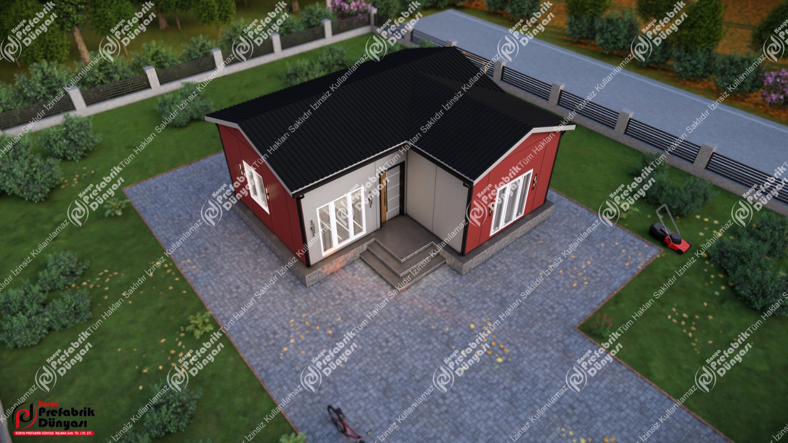 Konya Prefabrik Dünyası kırmızı prefabrik ev projesinin kuş bakışı görünümü