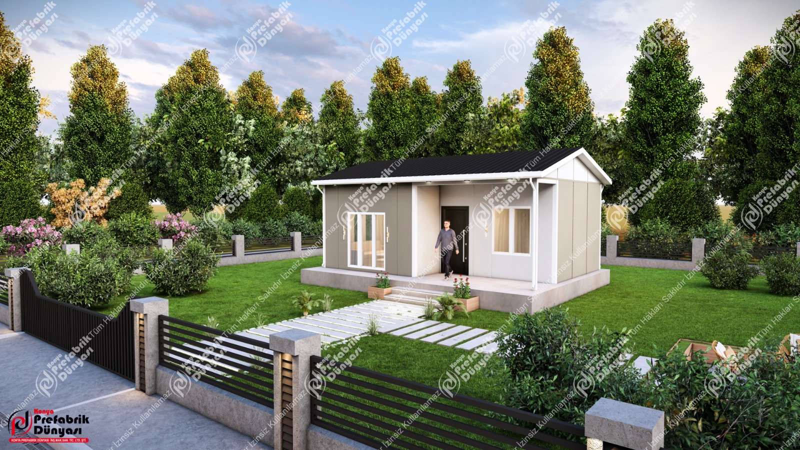 Bahçe içinde modern beyaz prefabrik ev tasarımı