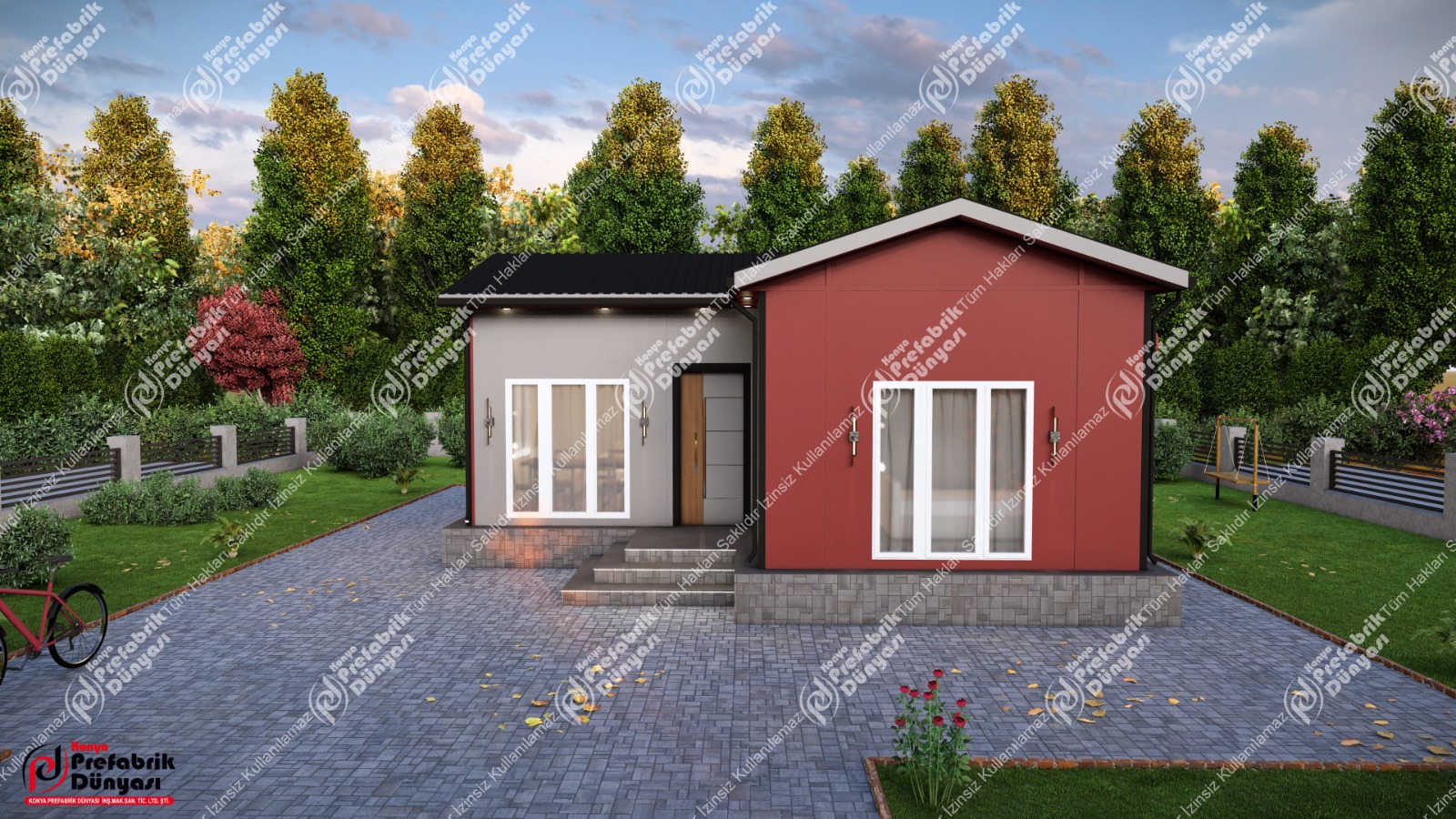 Kırmızı ve gri dış cepheli modern prefabrik ev tasarımı