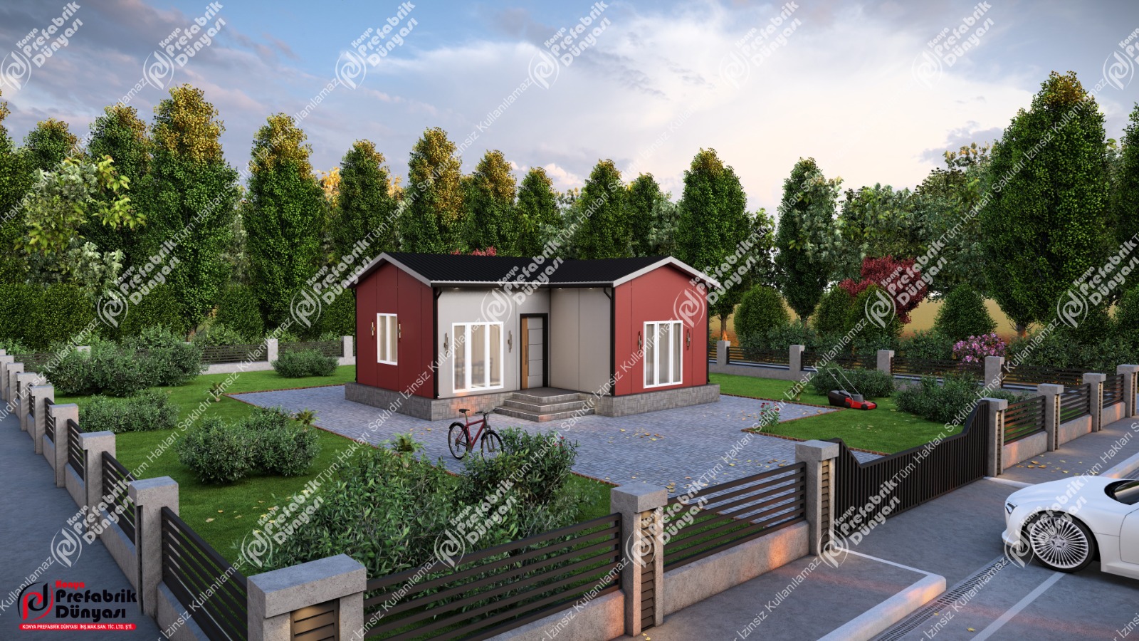 Bahçeli kırmızı prefabrik evin dış cephe tasarımı
