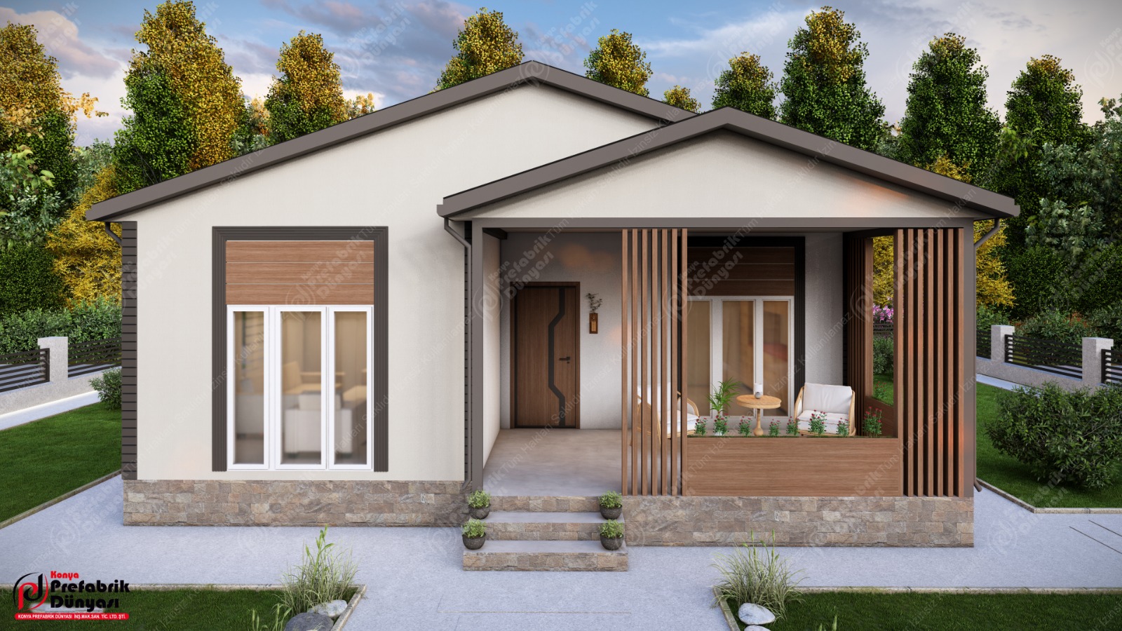 93 m² mantolamalı prefabrik ev ön cephe renderı